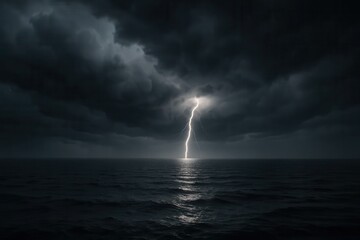 Wall Mural - a lone lightning strike illuminates the dark ocean under a stormy sky