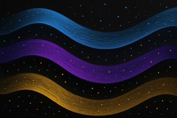 Wall Mural - A cosmic symphony of wavy lines in hues of blue, purple, and gold against a starry black backdrop