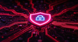 Digital firewall visualization: A brightly glowing shield, with a pink outline and a blue padlock icon inside, acts as a central hub on a complex motherboard. Glowing red data lines flow towards it.