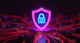 Digital firewall visualization: A brightly glowing shield, with a pink outline and a blue padlock icon inside, acts as a central hub on a complex motherboard. Glowing red data lines flow towards it.