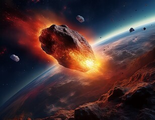 Wall Mural - fiery meteoroid approaching earth a cosmic collision imminent