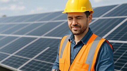 Dedicated Engineer in Hard Hat and Safety Vest Overseeing Large-Scale Solar Panel Array for Sustainable Energy Production