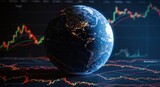 A globe is displayed over a background of stock market charts, suggesting global finance and investment.