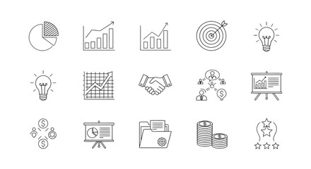Business and Finance Icons: Charts Graphs Targets and Collaboration.