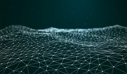 Abstract background with glowing wave, sea, and water. Dots, lines, and triangular polygons. Futuristic digital pattern, data network, technology mesh. Dark vector concept of science, cyber space flow