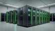 © Naim - Black and Green Server Racks with LED Lights in White Data Center Room, Modern IT Equipment and Storage Cabinets