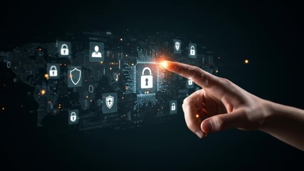 Hand touching a digital padlock with security icons floating on a dark background with binary code