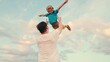 © Victoriia - Happy family sky. Father throws sons happy child into sky. Family game with child. Dad is playing with child in park, son dreams of flying and being pilot. Happy family concept, childhood dream to fly