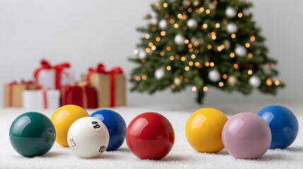 Wall Mural - a set of nine pool balls are arranged in a row, with a white ball in the middle. the balls are of di