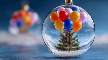 Wall Mural - a glass ornament with a tree inside and many colorful balloons. the balloons are in different colors