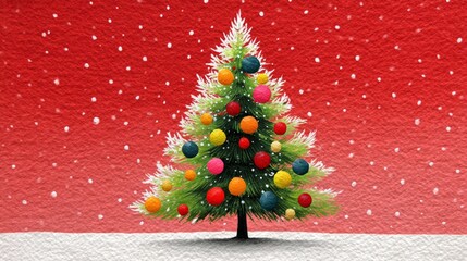 Wall Mural - a christmas tree with many colorful balls on it. the tree is on a red background. scene is festive a