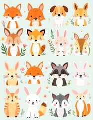  Cute cartoon animals, foxes, rabbits, and dogs, arranged in a grid against a pastel background, surrounded by flowers