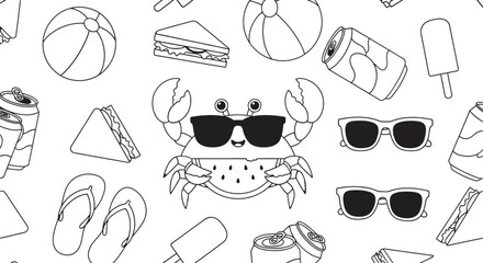 Summer beach party seamless pattern with crab and watermelon