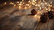© Tatiana - rustic wooden surface with lit metallic garland, few pinecones, warm ambient light creating a festive and cozy atmosphere
