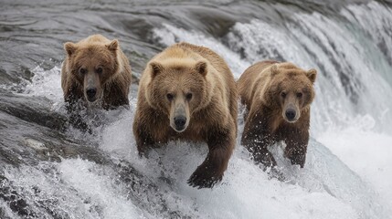 Canvas Print -   Three bears wade through water, waterfall looms behind them