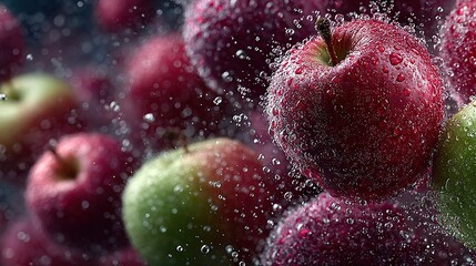 Wall Mural -   A close-up of apples with water droplets on the top and bottom