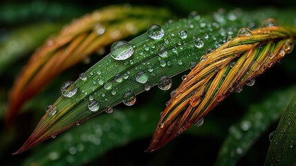 Wall Mural -   Close-up of a green leaf with water droplets, surrounded by a green plant with red and yellow leaves
