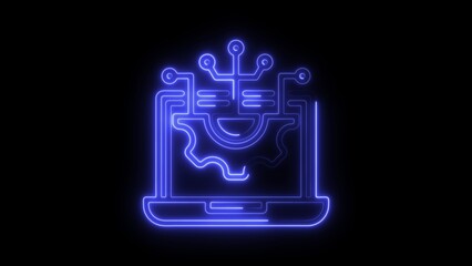 Blue neon laptop with gear and circuit board elements on black background computer technology