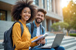 © Viktor - Happy smiling students with backpacks hold laptop and book on college campus. Focus on technology, learning and skill development. Friends share knowledge and experience for future success.