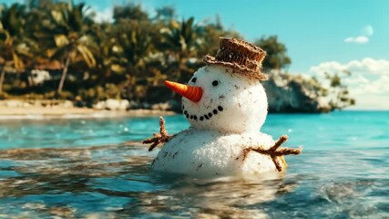 Wall Mural - Cheerful snowman in tropical beach waters under sunny skies