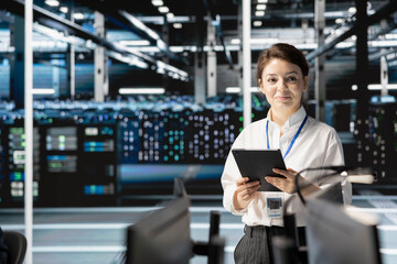 Smiling data center engineer programming diagnostic scripts on tablet, examining infrastructure. Happy server farm worker evaluating performance metrics, running tests to maintain system stability