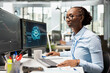 © DC Studio - Trader in office using artificial intelligence LLM chatbot for instant market analysis and trading tips. African american woman integrating AI analytics to monitor and react to global financial news