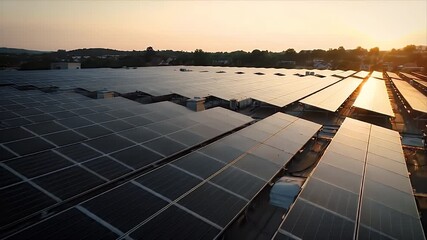 Aerial view of a vast solar panel array basking in the warm glow of a sunset, highlighting renewable energy and sustainable technology