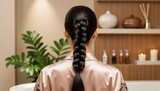 A woman's elegant braided hair, highlighting healthy and shiny locks in a serene spa setting.