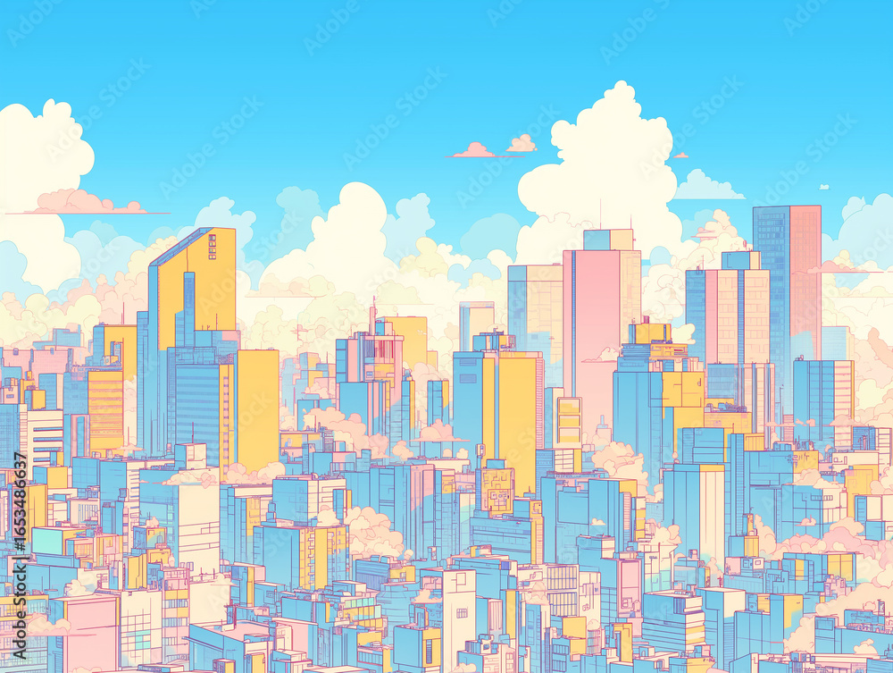 1980年代テイストを思わせるカートゥーンスタイルの都市風景。ピンク