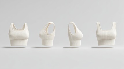 Wall Mural - A minimalist and modern still life composition featuring three unique white plastic sculptures each displaying different abstract geometric and organic shapes against a plain backdrop