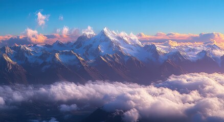 Wall Mural - Snow-capped mountain range illuminated by soft sunlight above a sea of clouds under a clear blue sky with pink-tinged clouds at sunset