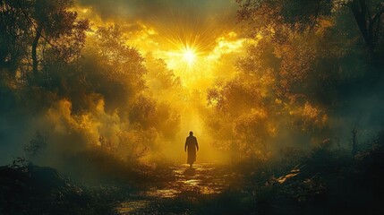 Wall Mural - Silhouette of a person walking down a misty forest path illuminated by a radiant golden sun shining through dense autumn trees