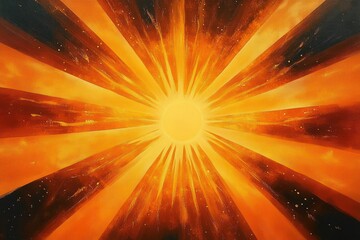 Wall Mural - Radiant bright sun with intense golden orange rays spreading outward against a dark background, evoking warmth and energy