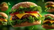© silver bug - A juicy burger with fresh lettuce, cheese, and tomato floats against a vibrant green background.The mouthwatering details and floating effect highlight its deliciousness and playful presentation.