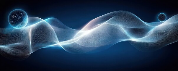 glowing blue digital wave with particle spheres floating over dark background creating futuristic and fluid motion effect
