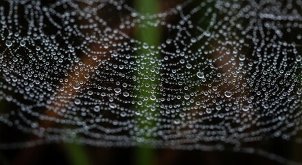 Intricate spiderweb adorned with glistening droplets of moisture in early morning light