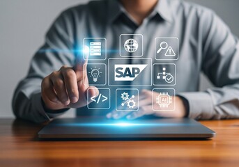 software concept. sap software system and enterprise integration. businesswoman interacts with digit
