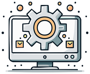 Cartoon illustration of computer screen with gear icon and email symbol
