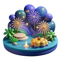 3d festive celebration display with fireworks and plants isolated on transparent background