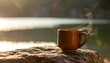 © ezra - Morning Brew: A steaming mug of coffee, radiating warmth and comfort against the backdrop of a serene lakeside scene, representing peace and tranquility in the quiet sunrise.