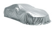 © Faisal - A new sports car model is hidden under a sleek, reflective silver cover before its grand unveiling presentation. Isolated on Transparent Background, PNG