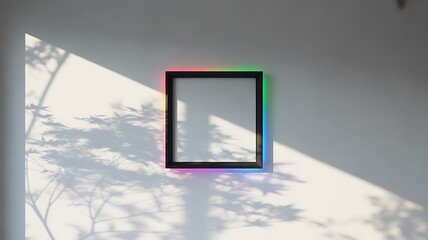Wall Mural - square frame with multicolored neon edges on a shadowed wall border colorful
