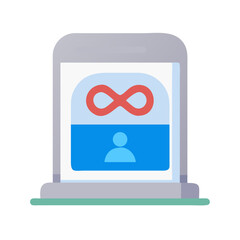 Vector art of a modern mobile phone interface displays an infinity symbol above a user profile icon, representing unlimited possibilities and continuous connection