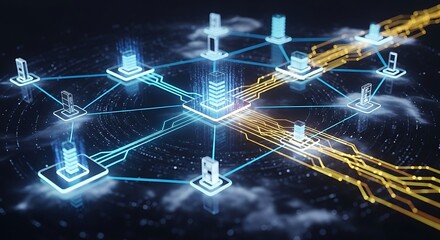 Interconnected network infrastructure represented with futuristic technology elements