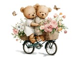 Two cute teddy bears ride a bicycle together filled with flowers, conveying love and friendship message.