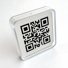 modern qr code in a clear acrylic cube on a white background