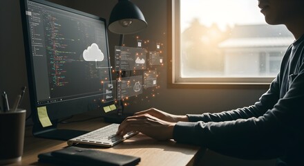 Person typing on computer screen displaying code and cloud interface with glowing data