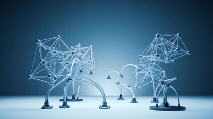 Complex Abstract Network Structures in Blue Tones with Metallic Legs and Spherical Joints on a Neutral Surface with Soft Lighting