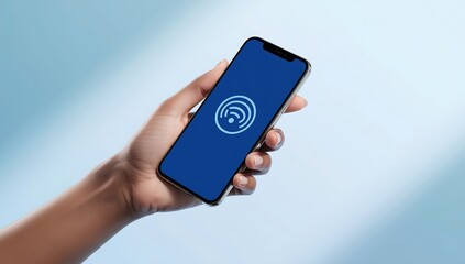 Close up of a hand holding a modern smartphone displaying a glowing blue wi fi signal icon on its screen