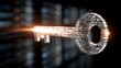 © Nugraha - A glowing, metallic key with a digital circuitry pattern, floating in front of a blurred, dark background with a bright, glowing light source.